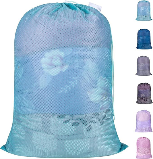 Polecasa Heavy Duty Diamond Large Mesh Laundry Bag with ID Tag and Locking Drawstring Closure - 24 x 36 inches - Laundry Hamper Liner, Washable Laundry Bags for Travel, Sports, Dorms (Aqua)