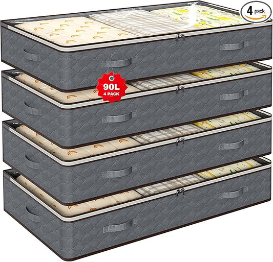 90L Under Bed Storage Containers,4-Pack Closet Organizers and Storage Bins,for Organization and Storage Clothes, Shoes, Blankets & Pillows,Visible Transparent Top Storage Bins with Lids, Grey