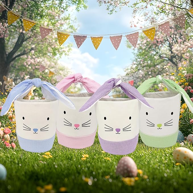 Easter Bunny Canvas Basket, Easter Egg Basket, Bunny Face, White with Gingham Pattern, 8x10 Inches, Foldable Tie Handle (Purple)