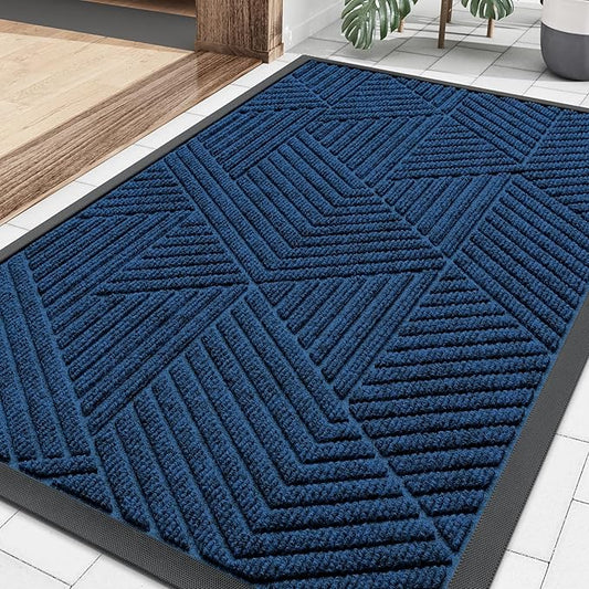 Smiry Front Door Mat Outside Entrance, Heavy Duty Sturdy Natural Rubber Doormat, Trap Dirt and Moisture, Easy Clean Low Profile Mats for Indoor Outdoor Entry, Irregular Triangle (29.5x17, Medium Blue)