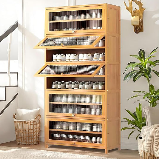 Tall Shoe Cabinet with Clear Doors, Large Capacity Bamboo Shoe Cabinet, 40-45 Pairs Shoe Rack Organizer for Closet Entrance, Hallway, Living Room, Bedroom