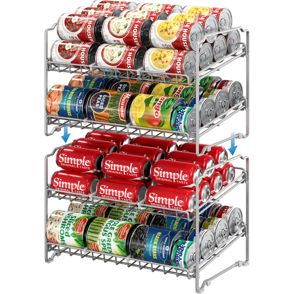 Simple Houseware 2 Tier Stackable Can Rack, Silver, 2 Pack - Image 1