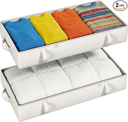 2-Pack Under Bed Storage, 6 Inches Tall Closet Organizers and Storage Bins with Sturdy Sidewalls/Bottom/4 Handles, Beige