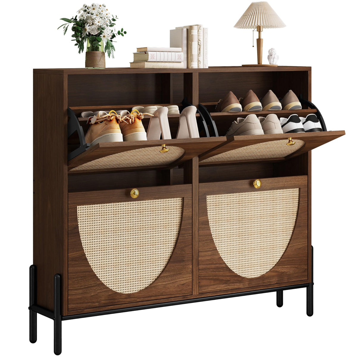 IRONCK Rattan Shoe Cabinet Storage with 4 Flip Drawers, Walnut - Image 1
