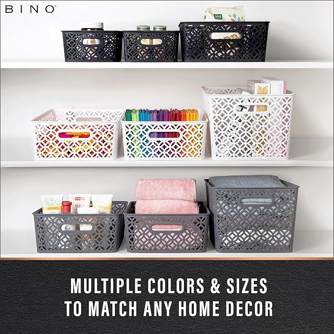 BINO l Plastic Storage Baskets, XLarge - Black | THE BLOSSOM COLLECTION l Multi-Use Organizer Bin l Built-in Handles l Plastic Woven Basket for Organizing l Pantry & Home Organizing Basket