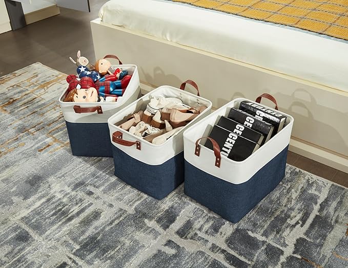 DECOMOMO Extra Large Storage Baskets, Fabric Storage Bins with Handles for Organizing Shelves, Toys, Nursery, Laundry (Navy Blue & White, 3pcs)