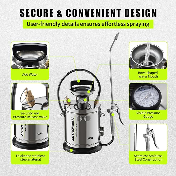 Pump Sprayer 1 Gallon, Stainless Steel Chemical Sprayer with 20" Wand & 4FT Reinforced Hose for Weed Killer, Lawn, Disinfection & Concrete, Includes Viton Seals and Gloves