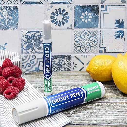 Grout Pen Tile Paint Marker: Winter Grey 2 Pack with Extra Tips (Narrow, 5mm) & Large Winter Grey (Wide, 15mm Tip) - Waterproof Grout Colorant and Sealer Pen to Renew, Repair, and Refresh Tile Grout