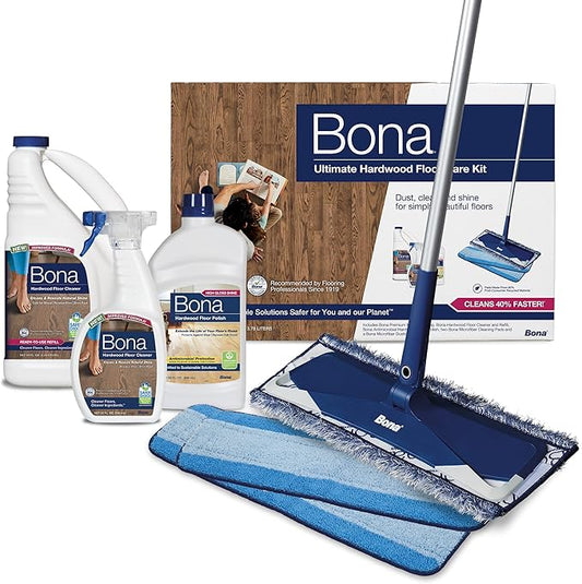 Bona Ultimate Hardwood Floor Care Kit – Pivoting Mop, Cleaning Solution & Refill, Floor Polish, Microfiber Pads for Dusting, Mopping & Polishing