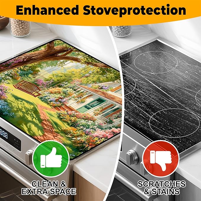 Happy Easter Stove Top Cover Flower Eggs Cute Rabbit Gas Stove Top Cover for Home Decoration Kitchen St. Patrick Day Pad Non-Stick Washable Cooktop Covers Countertop Protector (house, 28" x 20")