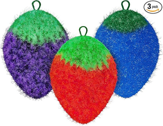 Fun Dish Scrubber by Dish Scrubbie (3PK Mix) - Fruit Shaped Kitchen Sponge Washing Dishes - Reusable Sponges for Scrubbing, Cleaning, Dishwashing - No Odor Sponges Kitchen Scrubbers