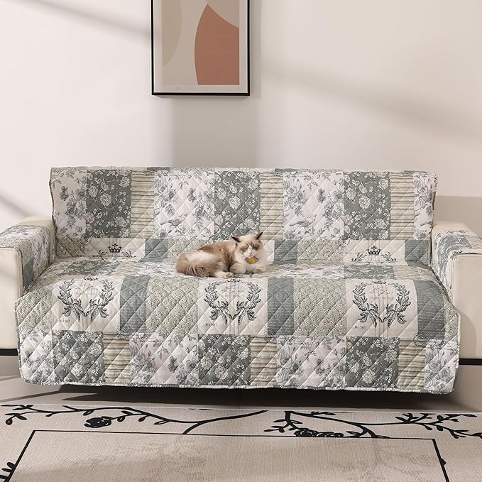 Skidproof Sofa Cover-Grey Bird Sofa Slipcover with Elastic Straps-Easy Fit Slip Cover-Washable Furniture Protector for Pets and Kids(Loveseat,Grey)