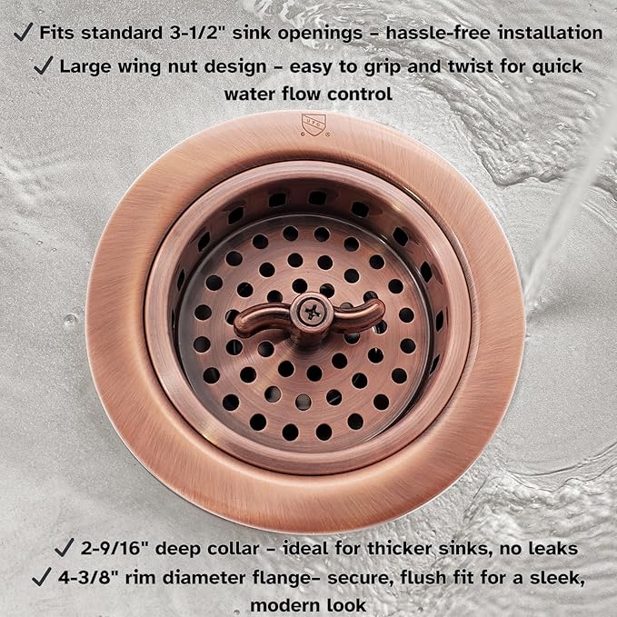 Westbrass Wing Nut Style Large Kitchen Sink Basket Strainer, 2 Pack, Antique Copper, D2135-11