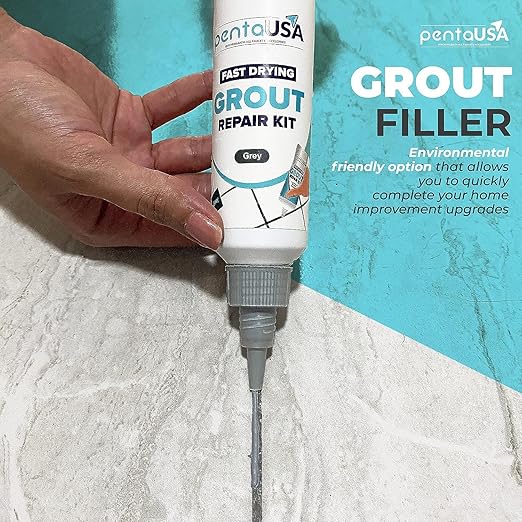 PentaUSA Tile Grout Repair Kit - Premixed Acrylic Sanded Grout for Bathroom,Shower&Kitchen, Repairs, Renews & Restores, Waterproof Formula, Gray, (8.8oz / 250gr)