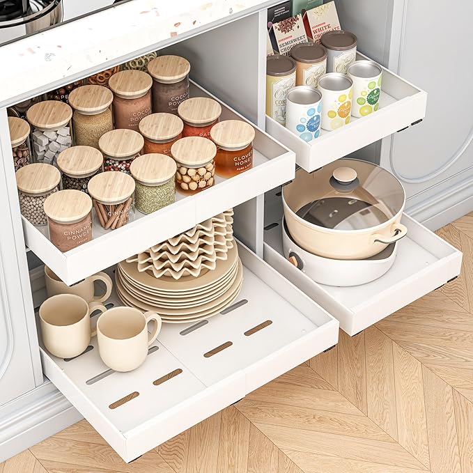4 Pack Pull Out Cabinet Organizer, 16" Deep Expandable(12.6"-20.5") Heavy Duty Slide Out Drawers, Pull Out Drawers for Cabinets Suitable for Kitchen Storage (White)