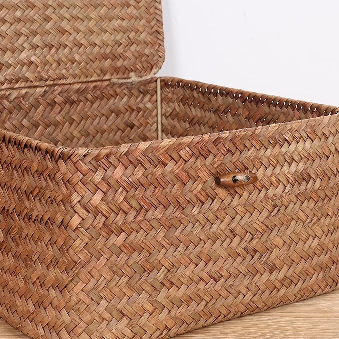 Wicker Shelf Baskets with Lid, Handwoven Seagrass Storage Basket Bins Square Gift Boxes for Shelves Home Decor Organizer (Coffee, Large)