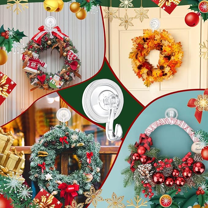 Yookeer 12 Pcs Christmas Wreath Hanger Suction Cup Hooks Heavy Duty Reusable Suction Cups Large Clear Door Wreath Hanger for Glass Door Window Hooks