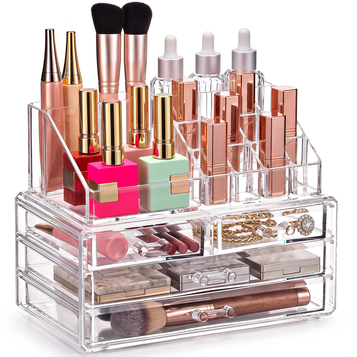 Masirs Clear Makeup Organizer with 4 Drawers 16 Comp | All Products - Image 1