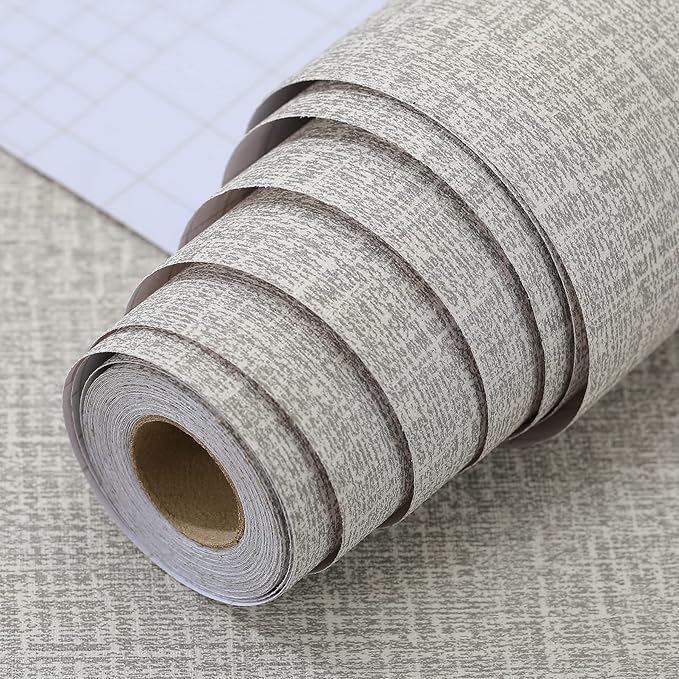 Peel and Stick Wallpaper Grey Grass Cloth Wall Paper - 15.7 x 300 Inch Self Adhesive Wallpaper Peel and Stick, Easy to Paste Wall Contact Paper for Stand Liner, Table and Door Makeover Decor