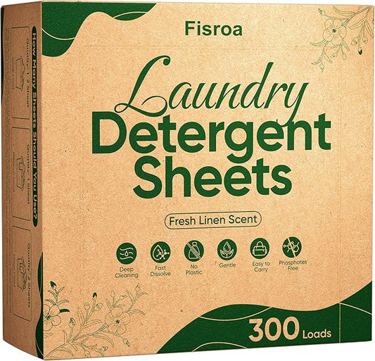 Travel Laundry Detergent Sheets Fisroa 300 Loads Eco-friendly Washing Detergent Sheets Plastic-Free Washer Strips, Fresh Linen Scent Liquidless Laundry Strips for Camping Dorm