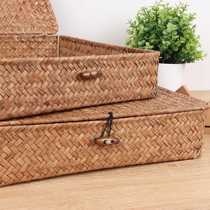 Flat Wicker Shelf Baskets with Lid, Handwoven Seagrass Basket Boxes for Storage Baskets Bins Home Decor Organizer (Coffee Small)