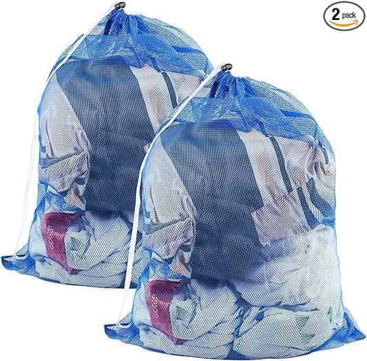 2 Pack Large Mesh Laundry Bags, 24" x 36" Heavy Duty Strong Drawstring Dirty Clothes Bags with Soft Breathable Net, Machine Washable Laundry Bag for College, Dorm, Camp, Travel and Family Use(Blue)