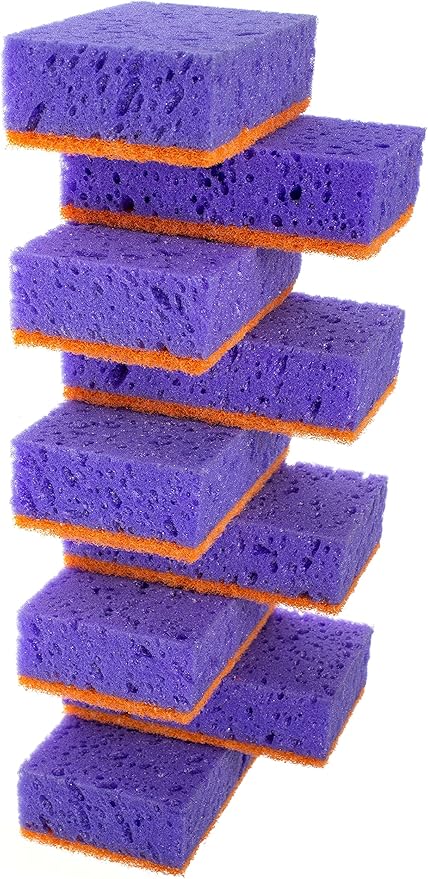 Purple and Orange Multi Use Scrub Sponges. Made in Europe. 9 Pack, 4.3x2.8x1.4 inches. Heavy Duty & Non Scratch Fiber. Odorless Durable Delicate, Easy Washable Violet Scrubber