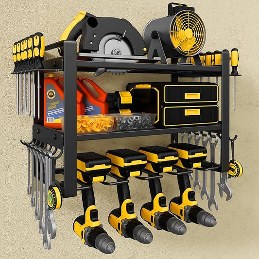 Power Tool Organizer Wall Mount, 3-Tier Tool Storage Rack with 4 Drill Holders, 150LBS Load Heavy Duty Cordless Tool Shelf for Garage Organization, Gift for Men