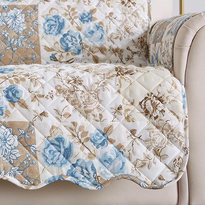 Great Bay Home Reversible Floral Patchwork Furniture Protector - Machine Washable, Scalloped Edge, Stain Resistant, Printed Furniture Cover for Dogs, Kids, and Pets (Sofa, Taupe/Blue)