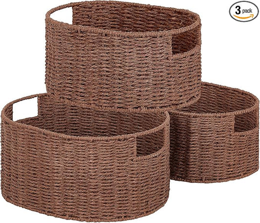 Vagusicc Wicker Storage Basket, Set of 3 Hand-woven Storage Baskets for Organizing, Round Large Wicker Baskets for Storage Decor, Pantry Storage Cubes Organization Baskets for Shelves, Brown
