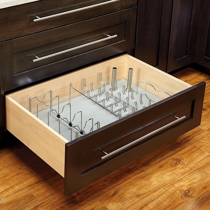 Rev-A-Shelf Drop-In Pot and Pan Drawer Organizer Storage Rack for 4DPS & 4DPG Model Peg Boards, Adjustable Divider for Cookware, Chrome, 5DCD-1-CR