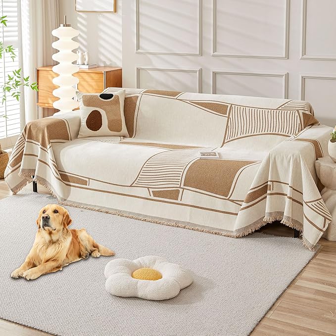 HAOMAIJIA Non Slip Couch Cover - Washable Sofa Covers for 2 Cushion Sectional Couch, Dog & Pet Furniture Protector Blanket for Living Room (Brown-Cream, 71"x118")