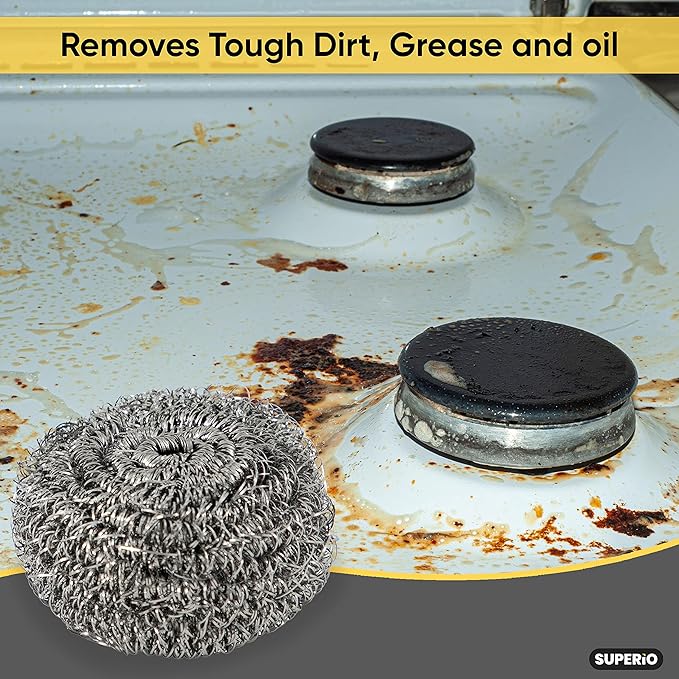 Superio Stainless Steel Scourers Steel Wool Scrubber Pad Used for Dishes, Pots, Pans, Grill, Stoves, and Ovens, Easy scouring for Tough Kitchen Cleaning (3)