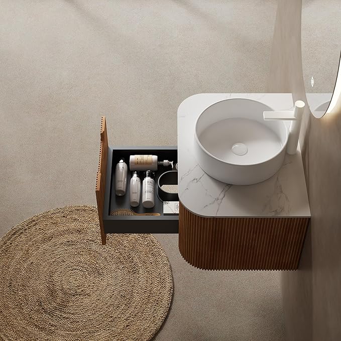 KEIKI 24" Bathroom Vanity Cabinet with Sink Combo, Wall Mounted Curved Edges Striped Floating Bathroom Vanity with Soft-Close Drawer, White Round Ceramic Basin Without Faucet, Natural Wood