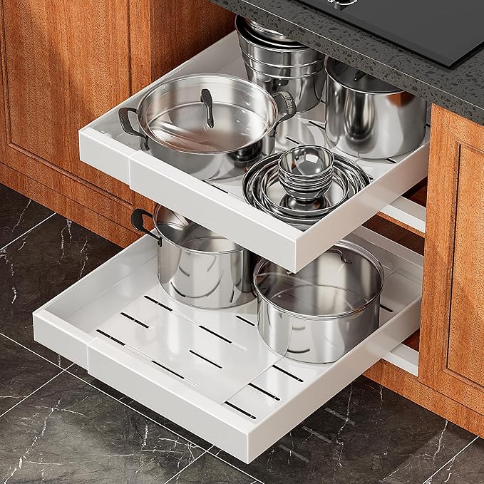 2Pack Expandable Pull Out Cabinet Organizer 21" Deep with Raising Pad for Framed Cabinets, Roll Out Shelves Adhesive, Adjustable Width 12.24"-20.5" W