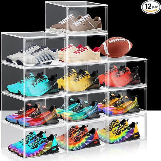 12 Pack Plastic Shoe Storage Boxes Fit US Size 13, Clear Stackable Shoe Display Case with Acrylic Magnetic Side Door, Shoe Containers for Sneaker Storage, Hats, Figure, Collectible