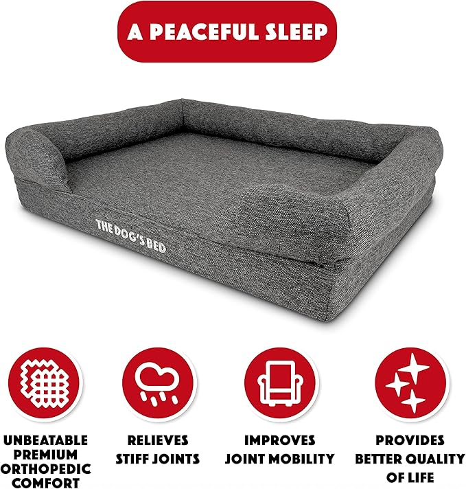 The Dog’s Bed, Large Grey Linen, Memory Foam, Pain Relief: Arthritis, Hip & Elbow Dysplasia, Post Surgery, Lameness, Supportive, Calming, Waterproof Washable Cover