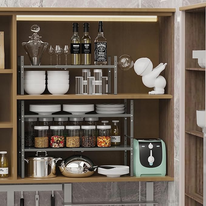 Expandable Stackable Spice Rack Cabinet Shelf Organizer in Cabinets Shelves Kitchen Cupboard Organization Stack up Racks Pantry Countertop Storage (Gun-Gray, Large 3 Packs G)