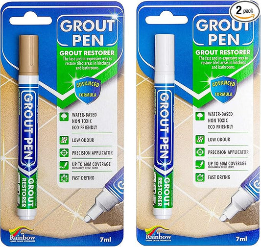 Grout Pen Tile Paint Marker: Waterproof Grout Colorant and Sealer Pen to Renew, Repair, and Refresh Tile Grout - Cleaner Coating Stain Pens - 2 Pack, 5mm Narrow Beige and 5mm Narrow White Tip