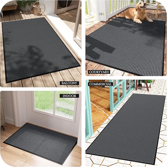 Front Door Mat 4' x 6', Heavy Duty Door Mat Outside Entrance, Non-Slip Welcome Mat Indoor Outdoor, Absorbent & Resist Dirt Entry Mat, Low Profile Commercial Door Mats Outdoor, Grey 1-Pack