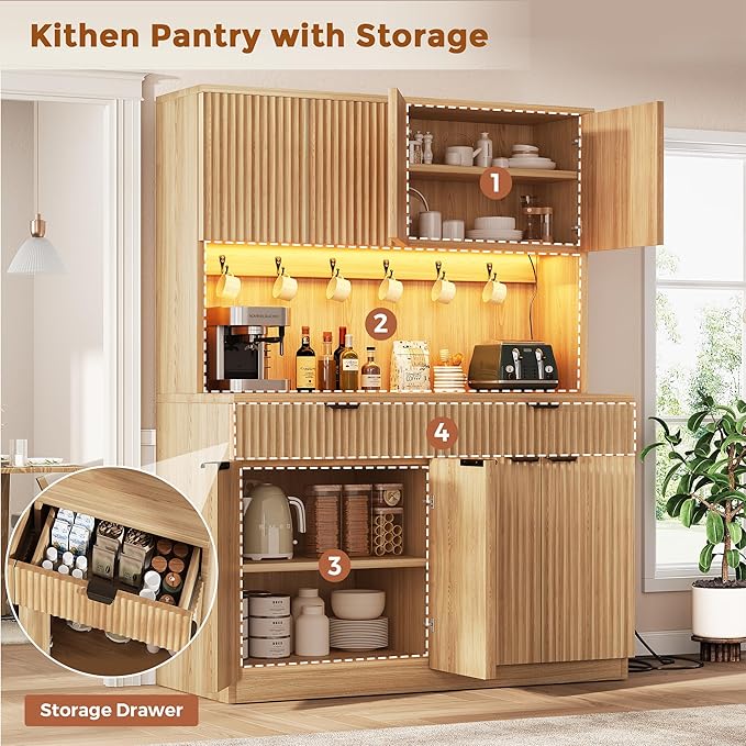 Fluted Kitchen Pantry Storage Cabinet with Charging Station/LED Light/Doors/Shelves, 71'' Tall Kitchen Food Hutch with Microwave Stand for Dining Room Living Room (Natural, 47 * 15.7 * 71)