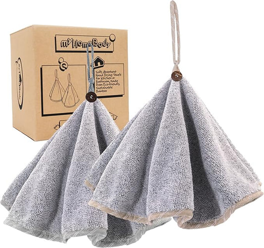 myHomeBody Hand Towels with Hanging Loops, Absorbent Charcoal Fiber Cleaning Clothes with Coconut Shell Button for Kitchen, Round Shape, Set of 2, Grey