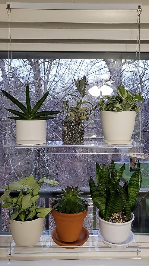 Hanging Acrylic Shelves for Windows (28" Wide, 3 Shelves - 46" Tall)