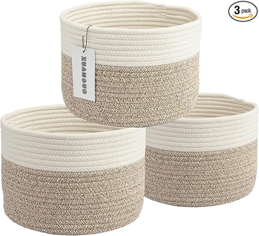 Woven Cotton Storage Baskets - 3-Pack Round Bins (10x10x7'') for Shelves, Closets & Bookcases | Durable Rope Organizers for Nursery, Baby, Toys, Easter & More white and brown