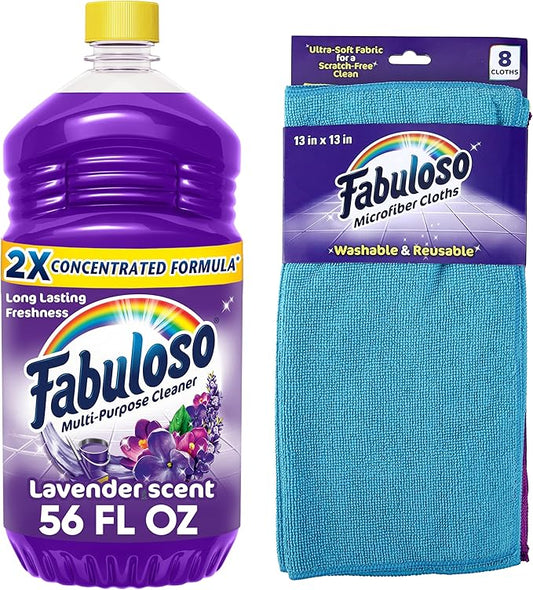 Fabuloso Multi-Purpose Cleaner & Floor Cleaner, 2X Concentrated, Lavender Scent, 56 fluid ounces Microfiber Cleaning Cloths - Rainbow Colors