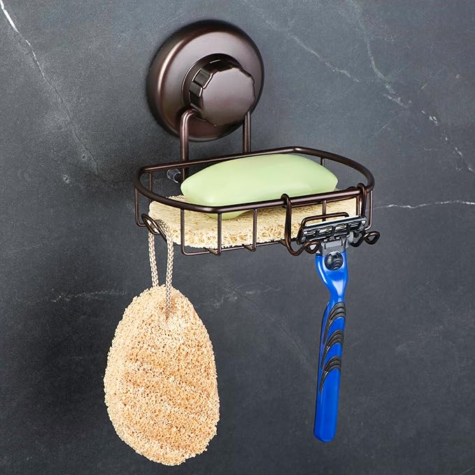 HASKO 2 Pack Suction Cup Soap Dish for Shower Wall, Rustproof Stainless Steel, Shower Soap Holder with Hooks, Includes Optional No Drill Adhesive Mount for Bathroom, 2 Soap Savers, Bronze