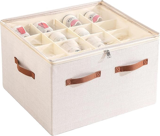 Shoe Organizer for Closet, Foldable Large Shoe Storage Box with Clear Cover, Removable Partitions and Bottom are Supported by Plastic Boards (Beige, 20.5“Lx16.9 Wx13'H)