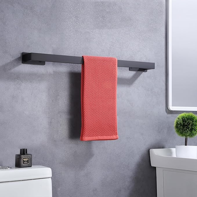 LANC Matte Black Hand Towel Rack 12-Inch Self-Adhesive Towel Bar for Bathroom Wall Mounted and No Drilling Towel Ring, Sticky on Bathroom Hand Towel Holder 304 Stainless Steel, A8310MB-L3