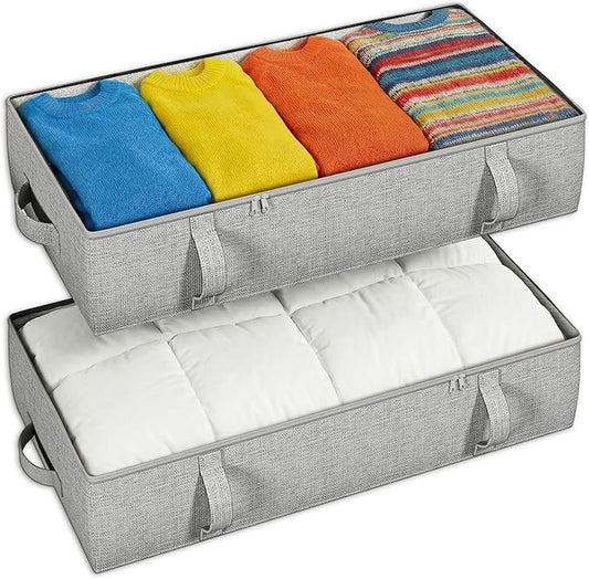 2-Pack Under Bed Storage Containers, 8 Inches Tall Underbed Clothes Storage Organizer Bin with Sturdy Sidewalls/Bottom, Under the Bed Storage Bags 2 Storage Bins, Light Grey