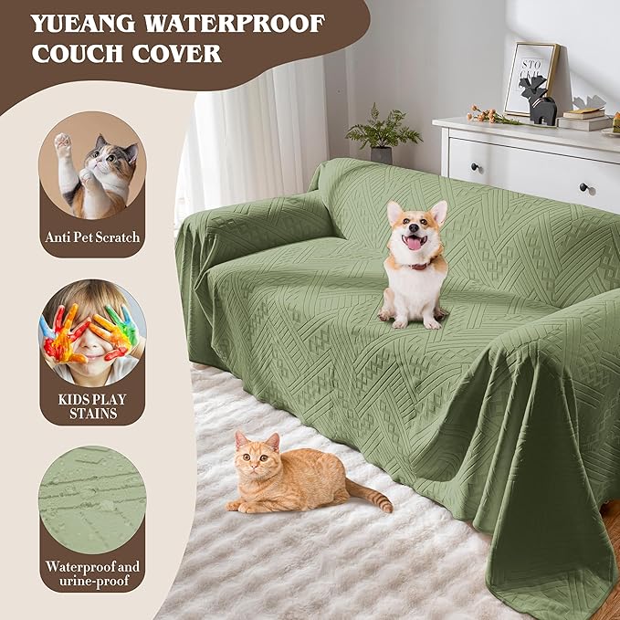 Waterproof Couch Cover, Reversible, Pet-Friendly, Washable and Anti-Slip Sofa Covers for Sofa Protection with 2 Cushions, Ideal Sofa Slipcovers for Dogs and Cats (71×102in/Green)